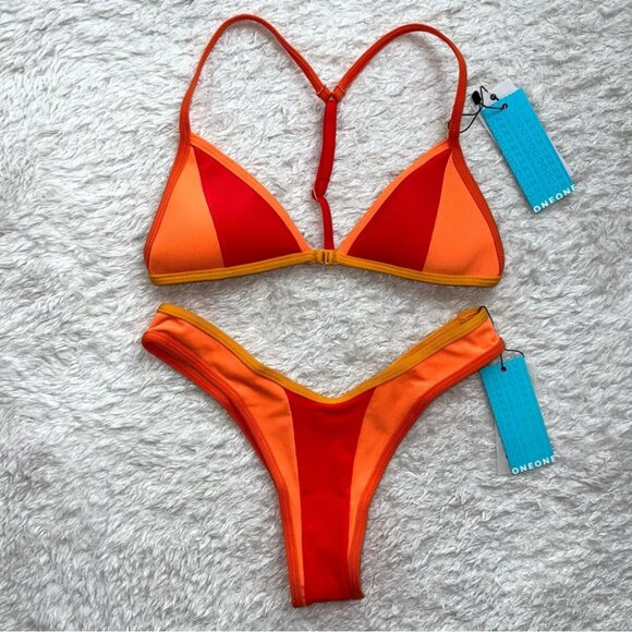 NWT OneOne Swimwear Bikini SET Cairo Gemma Noelia Orange Red New Small Ribbed - Picture 2 of 5